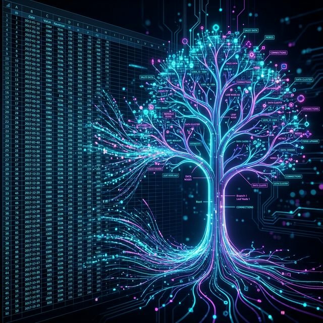 A dense data spreadsheet glowing and transforming into a 3D JSON structure demonstrating data format conversion.