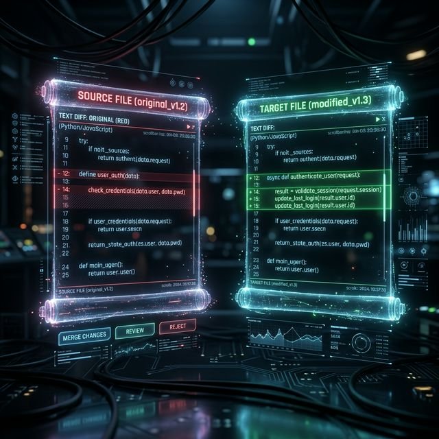 Two digital scrolls side by side with red and green text highlights representing a text diff checker visualization.