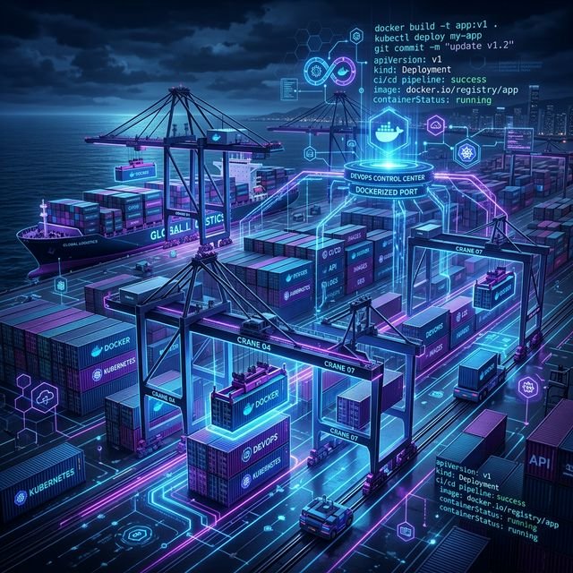 A glowing futuristic shipping container port with neon code overlay representing a Docker run to Docker compose conversion tool.