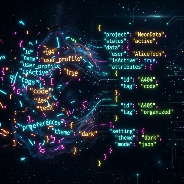 Chaotic neon text reassembling into perfectly aligned lines of code representing an online JSON formatting tool.