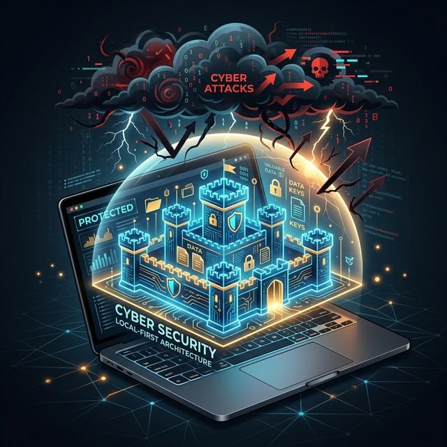 A secure digital fortress protecting data on a laptop representing highly secure local-first developer tools.