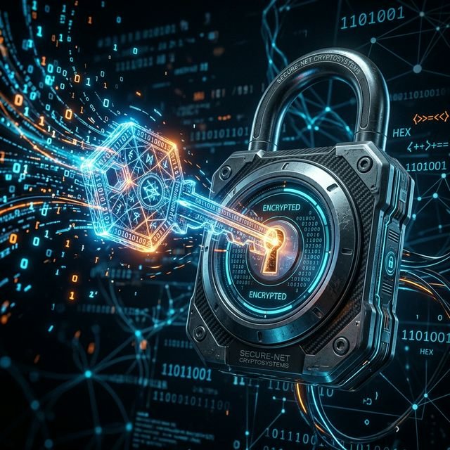 A highly secure digital padlock forming from glowing cryptographic data representing a secure password generator.