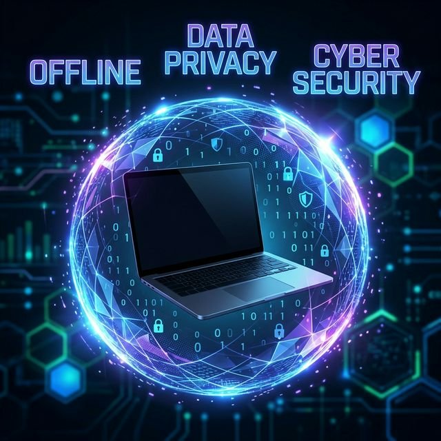 A glowing impenetrable energy shield protecting a laptop representing absolute data privacy and secure offline tools.