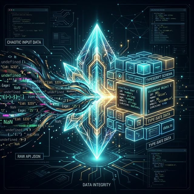 Glowing digital crystal structures transforming chaotic code into ordered schemas representing automated JSON validation.